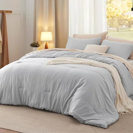 Bedsure Queen Comforter Set, Light Grey Soft Prewashed Bedding for All Seasons, 3 Pieces GentleSoft™ Bed Set, 1 Lightweight Comforter (90"x90") and 2 Pillowcases (20"x26")