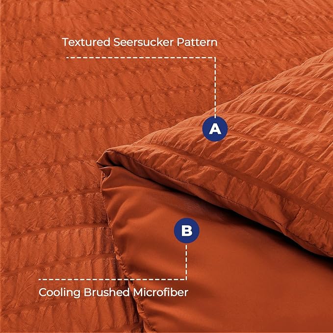 HYMOKEGE Burnt Orange Duvet Cover Full Size, Ultra Soft 3-Piece Seersucker Duvet Cover Set with Zipper Closure, Soft Brushed Microfiber Bedding Set with 8 Corner Ties (80"x90", 2 Pillowshams)