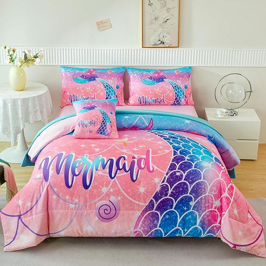 RYNGHIPY Mermaid Kids Girls Comforter Set Twin Size Pink Blue Gradient Fish Tail Bed in a Bag - Includes Comforter & Sheet Set for Teens Girls Super Soft Kids Bedding
