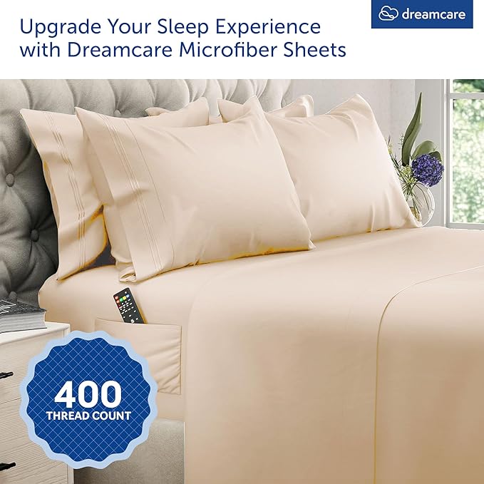 DREAMCARE Queen Sheet Set – 6 pcs Cooling Bed Sheets – up to 15” Deep Sheets Queen Size Bed Set – 2500 Supreme Collection – Extra Soft 100% Brushed Microfiber Hotel Luxury with Side Pocket, Wheat