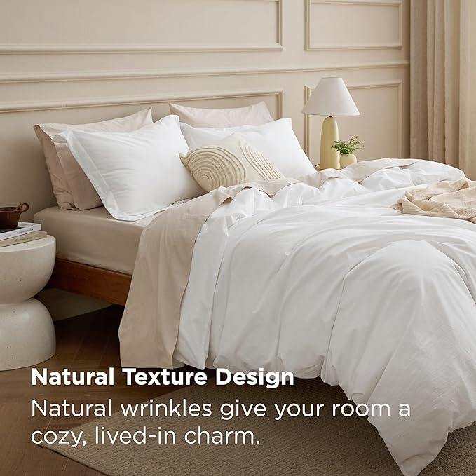 Bedsure 100% Washed Cotton Duvet Cover Oversized King - Natural White Minimalist Bedding Set Linen Like - PureWoven Plain Simple & Soft Duvet Cover 3-Piece (Natural White, Oversized King, 120"x98")