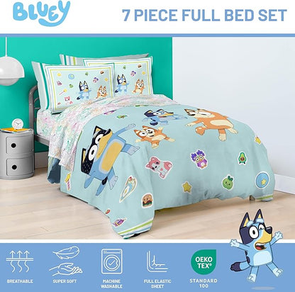 Jay Franco Kids Comforter Set Includes Sheets and Pillow Covers - Soft and Cozy Bed Set for Stylish Room Decor, Blue - Bluey 7 Piece Full Size Bedding