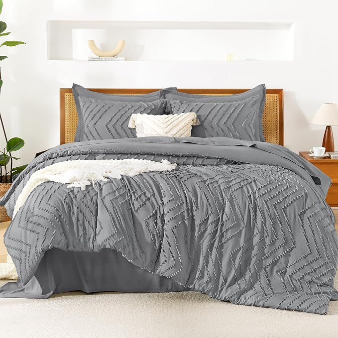 Litanika California King Size Comforter Set with Sheets Medium Gray - 7 Pieces Bed in a Bag Cal King Chevron Tufted Complete Bedding Sets with Comforter, Sheets, Pillowcases & Shams