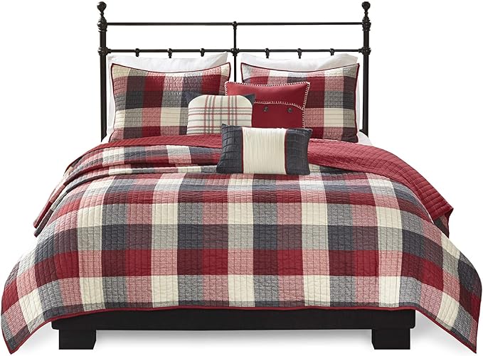 Madison Park Reversible Quilt Cabin Lifestyle Plaid Design - All Season, Breathable Coverlet Bedspread Bedding Set, Matching Shams, Ridge Red King/Cal King(104"x92") 6 Piece