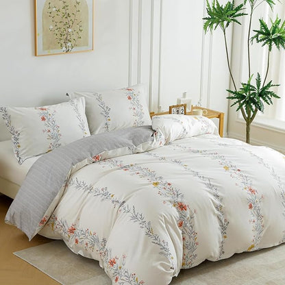 OAITE Duvet Cover Set Twin Size Floral Pattern Ultra Soft 100% Cotton Duvet Cover Sets 3-PC, Breathable Duvet Cover with Zipper Closure & Corner Ties(2 Pillow Shams,1 Duvet Cover)