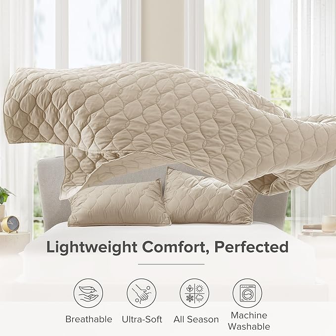Comfort Spaces King Quilt Set Modern Reversible Ogee Coverlet King Bedding Set Cozy Quilted Winter Layer, All Season Lightweight Soft King Size Quilt, Kienna, Cal King Beige 3 Piece