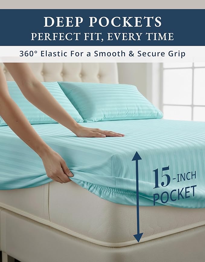 LANE LINEN 100% Egyptian Cotton King Size Deep Pocket Sheet Sets, Soft & Comfy No Pill Fade Resistant Natural Cooling Mercerized Cotton King Size Sheets Set 15" Deep Pocket Damask Stripe - Blue Sky