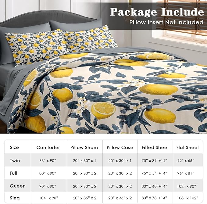 Comforter Set King Size, Fruit Lemons Blue 7 Pcs Bedding for Kids and Adults, Leaves Brown Flower Bed Sheet Sets with Fitted Sheet 2 Pillowcase & 2 Sham for Bedroom Bed Decor