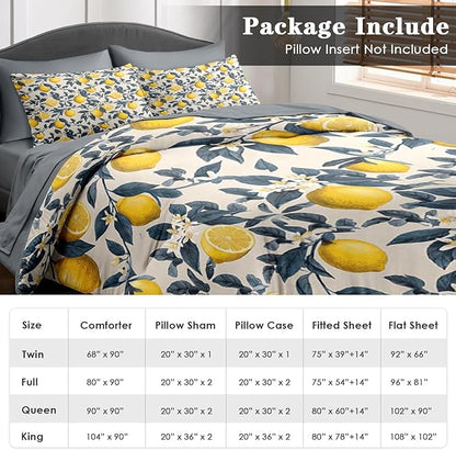 Comforter Set King Size, Fruit Lemons Blue 7 Pcs Bedding for Kids and Adults, Leaves Brown Flower Bed Sheet Sets with Fitted Sheet 2 Pillowcase & 2 Sham for Bedroom Bed Decor