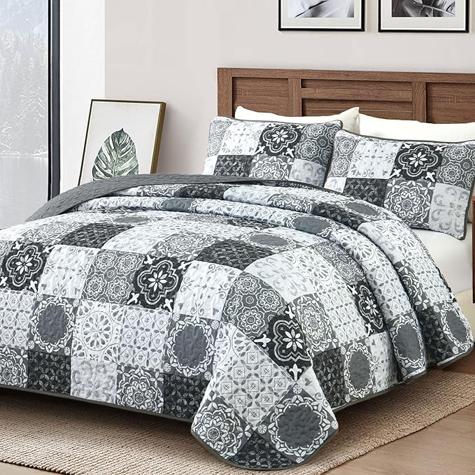 Dobuyly Grey Black Quilt Set California King Size, Boho Plaid Patchwork Bedspreads Coverlet Set, 3 Pieces Soft Lightweight Microfiber Farmhouse Cal King Quilt Bedding Set for All Seasons 112"x96"