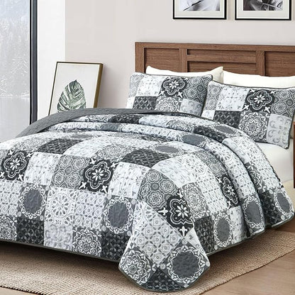Dobuyly Grey Black Quilt Set Full Size, Boho Plaid Patchwork Bedspreads Coverlet Set, 3 Pieces Soft Lightweight Microfiber Farmhouse Quilt Bedding Set for All Seasons 78"x90"