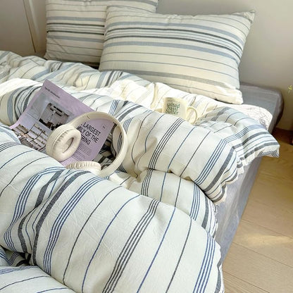 EAVD Vintage Blue Grey and White Striped Duvet Cover King Soft 100% Cotton Chic Stripes Bedding Set with 2 Pillowcases Retro Geometric Duvet Cover with Zipper Closure Corner Ties