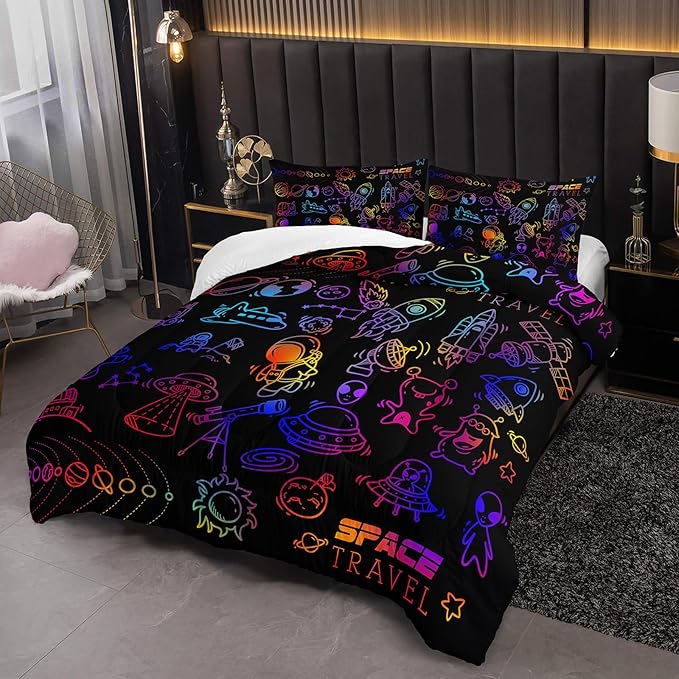 Cartoon Space Comforter Set for Kids Boys Girls,3 Pieces Outer Space Bedding King Size,Rocket Planet Spaceship Travel Toddler Bedding Set for Teen Boy Room Decor with 1 Comforter 2 Pillowcase