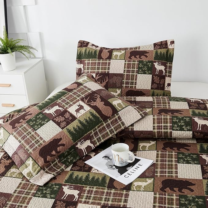 Ycosy Lodge Plaid Quilt Set Moose Bear Bedding Twin Size Rustic Bedspread Cabin Coverlet Wildlife Forest Quilts Comforter Summer Lightweight Bed Cover with 2 Pillow Shams