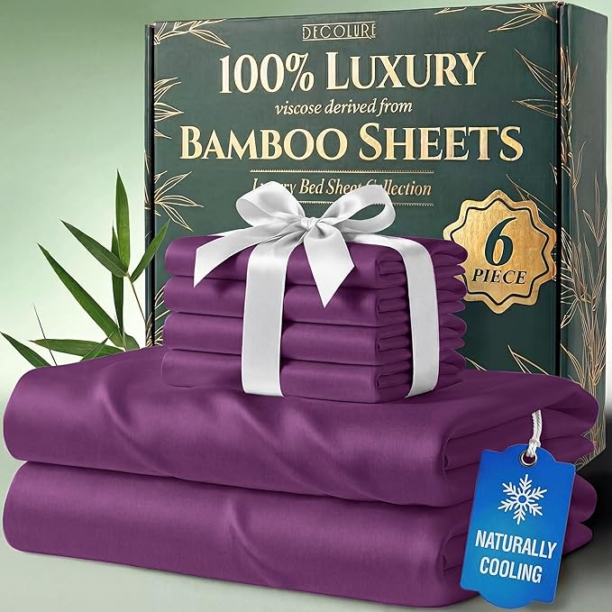 DECOLURE 100% Viscose Derived from Bamboo Sheets California King Size - Luxury 6 Pc Naturally Cooling Sheets, Ultra Soft Bed Set - Deep 17" Pockets, Double Stitching, Oeko Tex Standard (Purple)