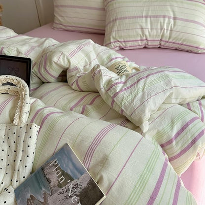EAVD Vintage Striped Comforter Set Queen Soft Cotton Retro Purple&Green Vertical Striped Bedding Set with 2 Pillowcases Boho Geometric Pattern Comforter Set for All-Season Breathable Lightweight