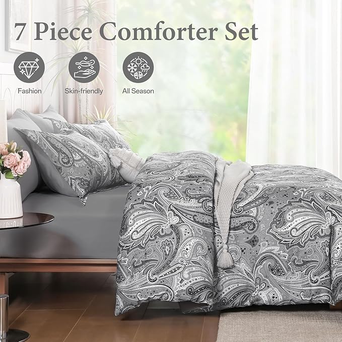 DJY Grey Paisley Comforter Set Queen, 7 Piece Boho Paisley Dark Gray Bed in a Bag Comforter Set, Soft Microfiber Complete Bedding Set for All Season (90''x90)