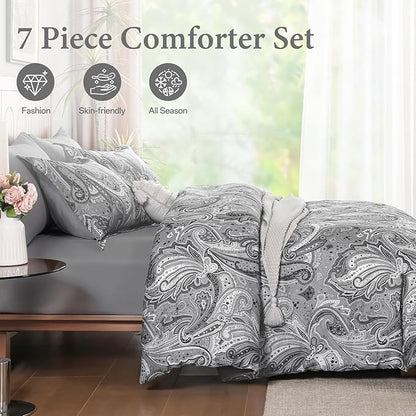 DJY Grey Paisley Comforter Set Queen, 7 Piece Boho Paisley Dark Gray Bed in a Bag Comforter Set, Soft Microfiber Complete Bedding Set for All Season (90''x90)