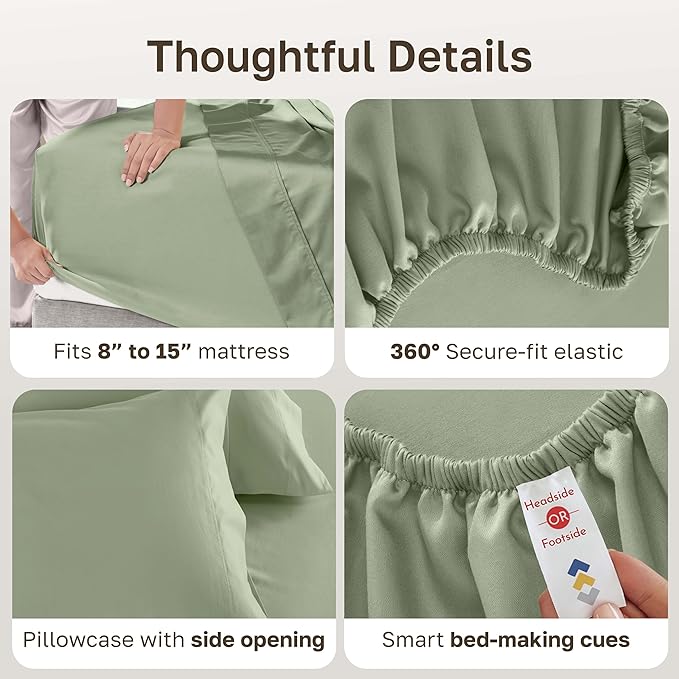 California Design Den Natural 100% Cotton Sheets Twin XL Size Set - Luxury 600 Thread Count Sateen, Fully Elasticized Deep Pocket Bedsheets, Cool and Durable Bedding for Dorm Room - Laurel Green