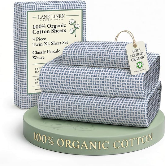 LANE LINEN 100% Organic Cotton Pre Washed Extra Long Twin Sheets Low Pill Fade Resistant Macine Wash Naturally Temperature Regulating Printed Cotton Sheets Twin XL Bed Sheets- Polka Dot Blue