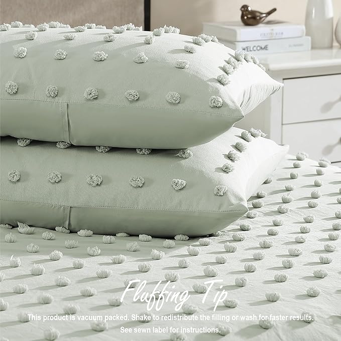 Swift Home Twin/Twin XL Sage Comforter Set - Decorative Tufted Pom Poms Bedding Set - 2 Pieces Bed Linen, 1 Comforter and 1 Pillow Sham