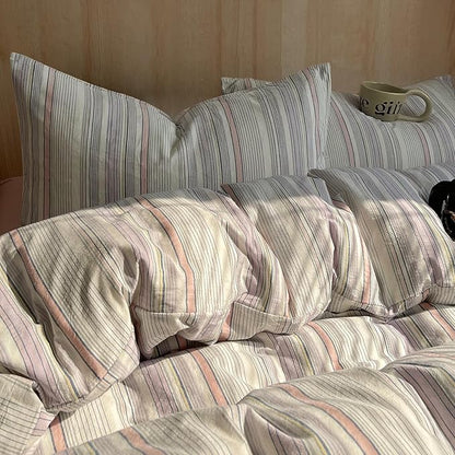 HighBuy King Size Comforter Set Pink Purple Stripes Pattern Comforter Vintage Striped Comforter Set Fluffy Lightweight,Washed Cotton Striped 3 Pieces Farmhouse Bed Comforter with 2 Pillowcases