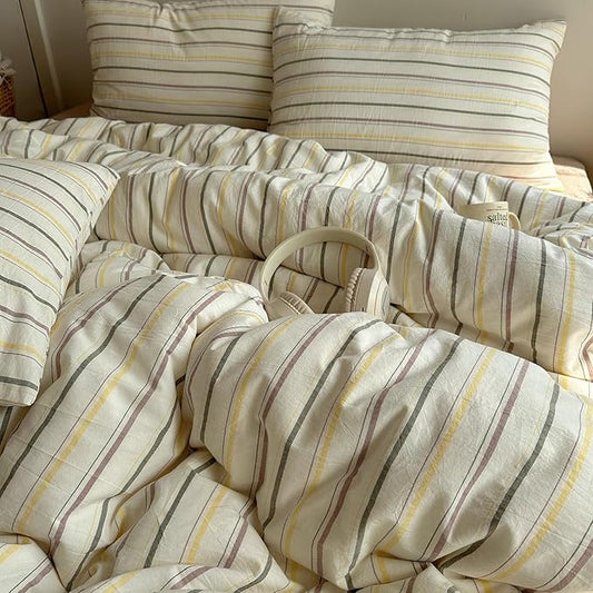 EAVD Vintage Colorful Striped Comforter Set Full Soft Cotton 3-Piece Retro Vertical Striped Bedding Set with 2 Pillowcases Boho Geometric Comforter Set for All-Season(Green&Yellow&Brown, Full)
