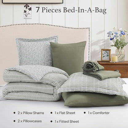 Full Comforter Set - 7 Pieces Green Gauze Muslin Bedding Sets for All Seasons, Lightweight Breathable Bed in a Bag Full with Revesible Farmhouse Comforter, Sheets, Pillowcases & Shams