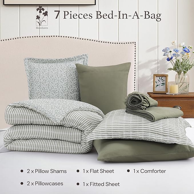 Queen Comforter Set - 7 Pieces Green Gauze Muslin Bedding Sets for All Seasons, Lightweight Breathable Bed in a Bag Queen with Revesible Farmhouse Comforter, Sheets, Pillowcases & Shams