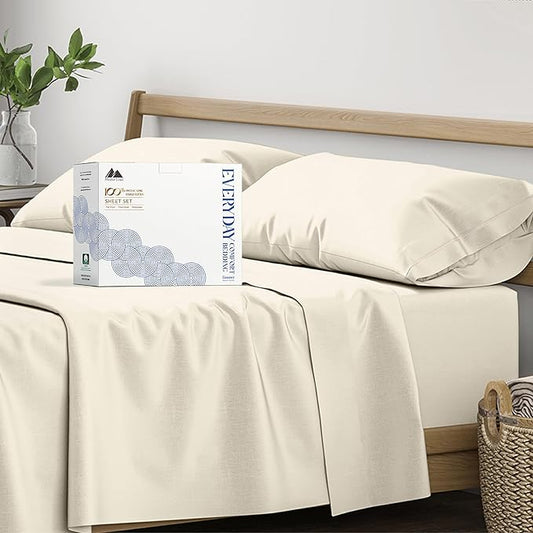 Mayfair Linen 100% Organic Cotton Sheets Twin XL Size - 3 PC Organic Cotton Twin XL Size Percale Weave Sheet Set, Soft, Cooling, Crisp & Breathable, 16" Deep Pocket Hotel Quality Bedding Set - Ivory
