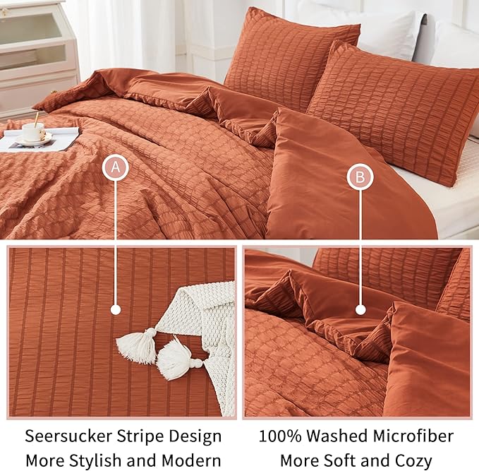 AveLom Terracotta Seersucker King Comforter Set (104x90 inches), 3 Pieces - 100% Soft Washed Microfiber Lightweight Comforter with 2 Pillowcases, All Season Down Alternative Comforter Set for Bedding