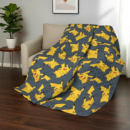 Northwest Pokemon Company Reversible Full/Queen Quilted Blanket - Pikachu & Pokeball Pattern for Anime Fans, Cozy Blanket for Bed, Game Room or Couch, 90x90 inches