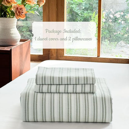 Striped Duvet Cover Set 100% Washed Cotton Linen Like Soft Feelling Breathable Bedding(White/Sage Green Strip,Full)