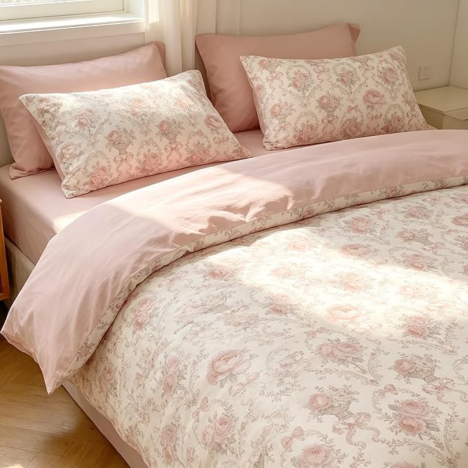 Coquette Cottagecore Comforter Set Queen Size, 3Pcs Shabby Chic Flower Bedding for Women Teen Girls, French Country Style Quilted Comforter with 2 Pillowcases, 90"x90"
