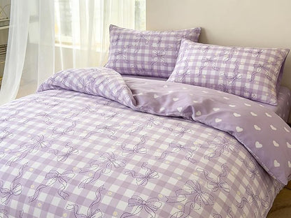 Light Purple Bowknot Comforter Set Queen Size for Girls, Purple Gingham Bedding with Heart Pattern, 3 Pcs Checkered Plaid Quilted Comforter Set with 2 Pillowcases, 90"x90"