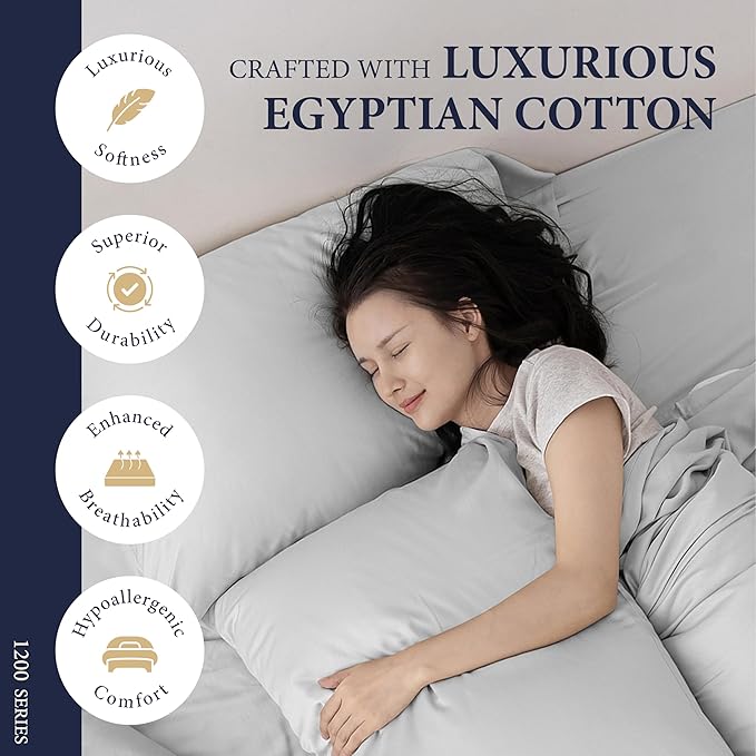 Ashton Sheets 100% Egyptian Cotton Sheets Queen Size - 1200 Thread Count Queen Size Sheets Set Egyptian Cotton, 4 PC Luxury Bedsheet (Light Grey), Soft, Cooling, 17" Deep Pocket Sateen Bedsheet Set