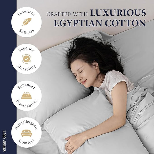 Ashton Sheets 100% Egyptian Cotton Sheets California King Size - 1200 Thread Count 4 PC Cal King Sheets Egyptian Cotton, Cooling Sateen Sheets, High Thread Count Sheets California King - Light Grey
