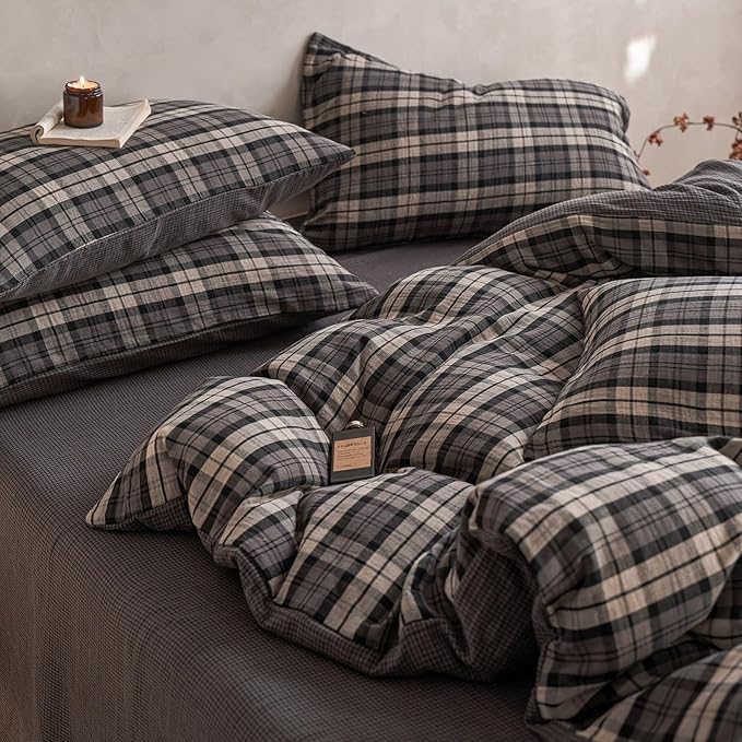 EAVD Vintage Style Dark Grey Plaid Duvet Cover Queen Soft 100% Muslin Cotton Modern Grid Checkered Bedding Set with 2 Pillowcases Reversible Gingham Duvet Cover with Zipper Closure