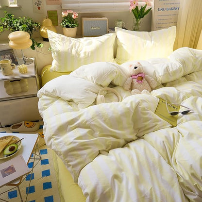 EAVD Yellow and White Vertical Striped Duvet Cover Queen Soft Washed Microfiber Farmhouse Yellow Striped Bedding Set with 2 Pillowcases Reversible Geometric Pattern Duvet Cover with Zipper Closure