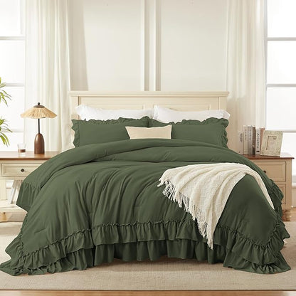 Andency Olive Green King Comforter Set (104x90Inch), 3 Pieces Ruffle Comforter Set with 2 Pillowcases, Farmhouse Shabby Chic Lightweight Fluffy Soft Polyester All Season Bed Set