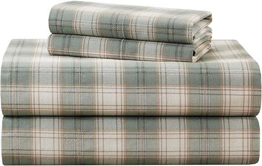 Comfort Spaces 100% Cotton Sheets King, Breathable, Naturally Cool Cotton Sheets, Soft Cotton Bed Sheets with 14" Elastic Pocket Fits up to 16" Mattress, All Seasons Sheet Set, Wesley Green 4 Piece