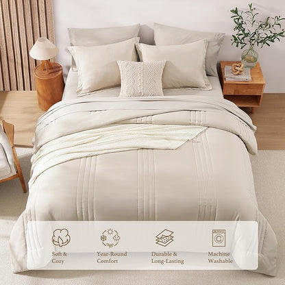 Monbix Full Size Comforter Set - 7 Pieces Beige Bed in a Bag Full Size Bedding Sets with Comforters, All Seasons Comforter with Sheets, Pillowcases & Shams