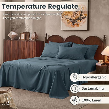 100% Linen Sheets California King Size,Breathable & Durable 4-Piece Bed Flax Sheet Set,Soft All-Season Bedding for Hot Sleepers 16" Deep Pocket Oeko-TEX Certified,（Cal King, Navy Grey）