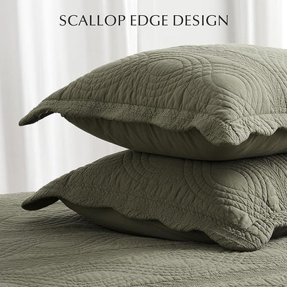 EVERGRACEHOME 100% Cotton Scallop Quilt Set, Queen Size 3 Piece Set – Lightweight Bedspread with 2 Shams, Soft Prewashed Matelasse Coverlet for Cozy and Elegant Bedding, Olive Green