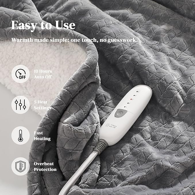 Twin Electric Blanket 62"x84" Heating Blanket Twin, Wheat Pattern Ultra-Soft Flannel & Thick Sherpa with 5 Heat Settings & 10 Hour Auto Shut-Off, ETL & FCC Certified, Machine Washable Home Use, Grey