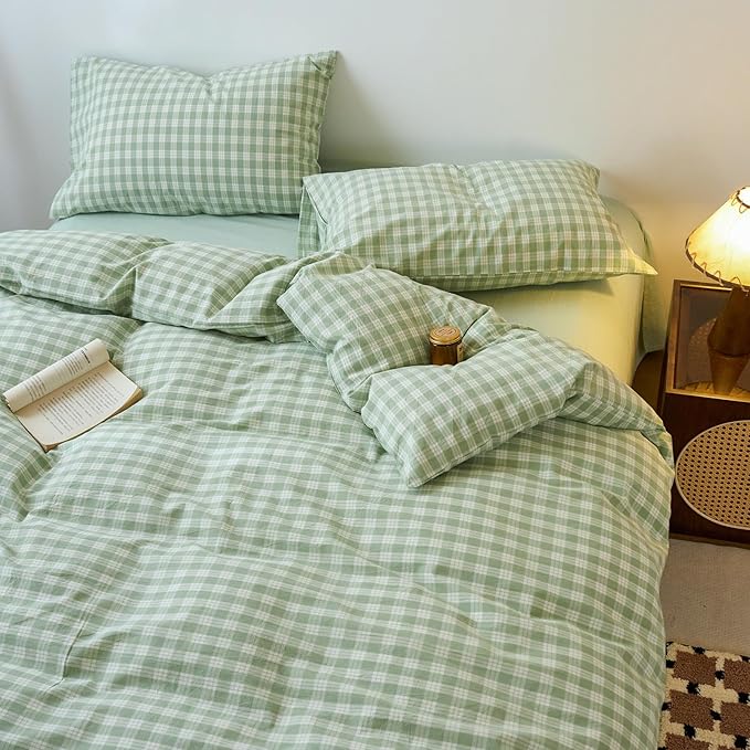 EAVD Vintage Style Green&White Plaid Gingham Duvet Cover King Soft 100% Washed Cotton Fresh Grid Checkered Gingham Bedding Set with 2 Pillowcases Farmhouse Green Plaid Duvet Cover with Zipper Closure