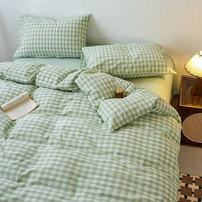 EAVD Vintage Style Green&White Plaid Gingham Duvet Cover King Soft 100% Washed Cotton Fresh Grid Checkered Gingham Bedding Set with 2 Pillowcases Farmhouse Green Plaid Duvet Cover with Zipper Closure