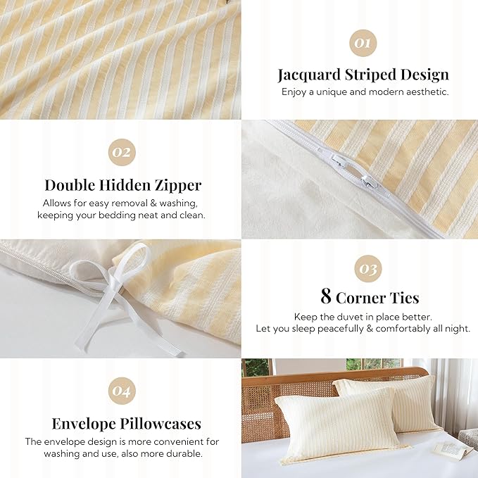 MILDLY Yellow Striped Duvet Cover - 100% Washed Cotton Jacquard Textured Comforter Cover with Dual Zipper Closure & 8 Coner Ties