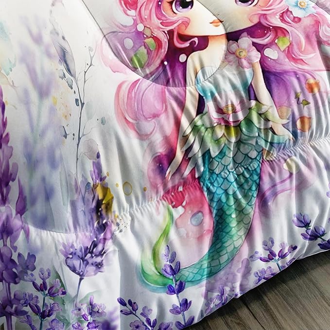 Lavender Mermaid Comforter Set for Teens Girls,Kawaii Violet 3 Pieces Bedding Set Twin,Lightweight Microfiber Violet Flowers Down Alternative Bed Set Comforter with 2 Pillowcase