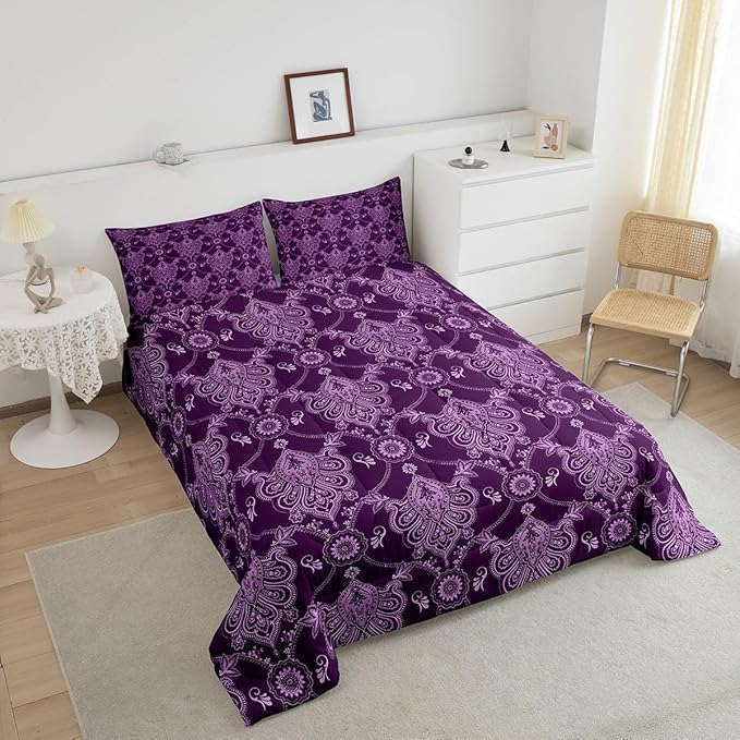 Feelyou Adults Purple Vintage Damask Floral Comforter Set Antique Drawing Classical Paisley Comforter Queen Size Gothic Bohemia Boho Floral Bedding Set Hotel Style Duvet Set Quilt Set 3Pcs
